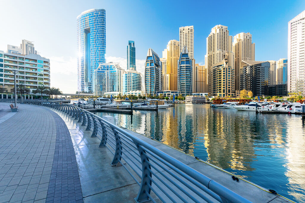 Dubai Marina waterfront with yachts, modern skyscrapers, and skyline view