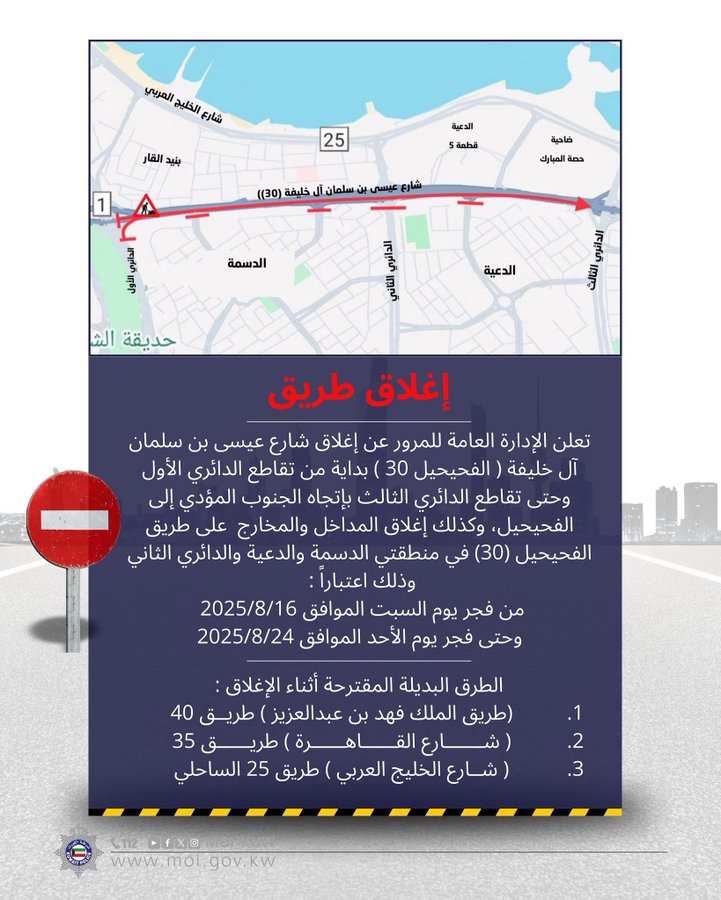 Fahaheel Road (Route 30) to remain closed for vehicular traffic from Aug 16–24